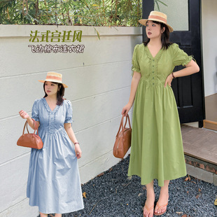 法式 k3103大码 新款 女装 宫廷风棉布连衣裙V领小飞边胖妹妹 夏季
