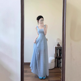 夏季 气质收腰显瘦A字海边度假长裙 蓝色法式 吊带连衣裙女2025新款