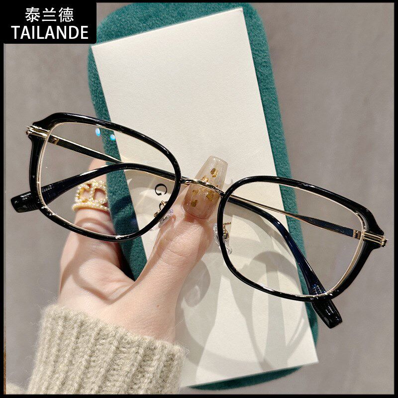 31283小众文艺TR90近视眼镜框女潮流摆拍出片黑金色平光镜框