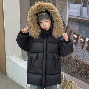 官方英国DHWA儿童羽绒服女童中长款洋气加厚大毛领冬季保暖韩版中