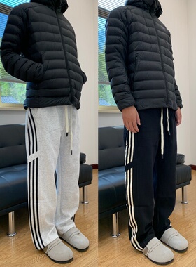 07QWER 秋季百搭休闲条纹卫裤潮宽松直筒男设计感通勤长裤女