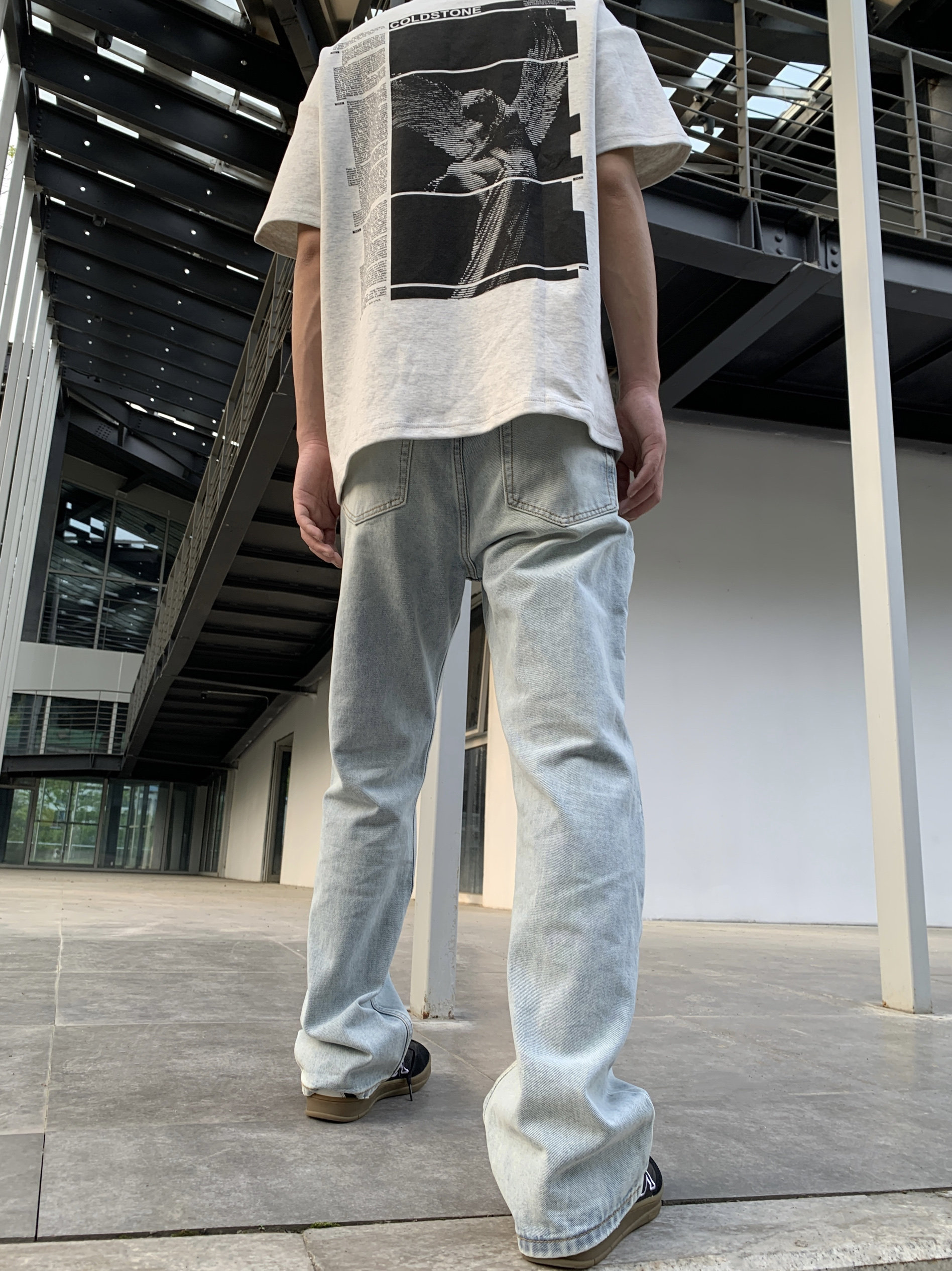 07QWER 夏季薄款水洗做旧冰蓝色牛仔裤百搭小众直筒通勤休闲长裤