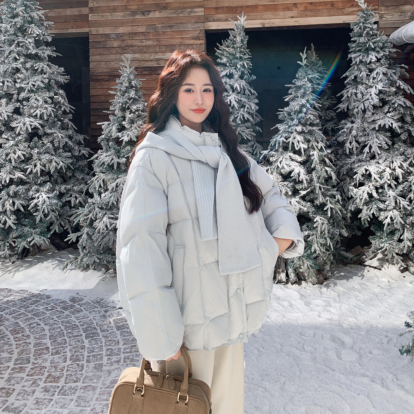 现货2D078-8130-P295K428针织连帽围巾豆腐块中长款羽绒服50绒