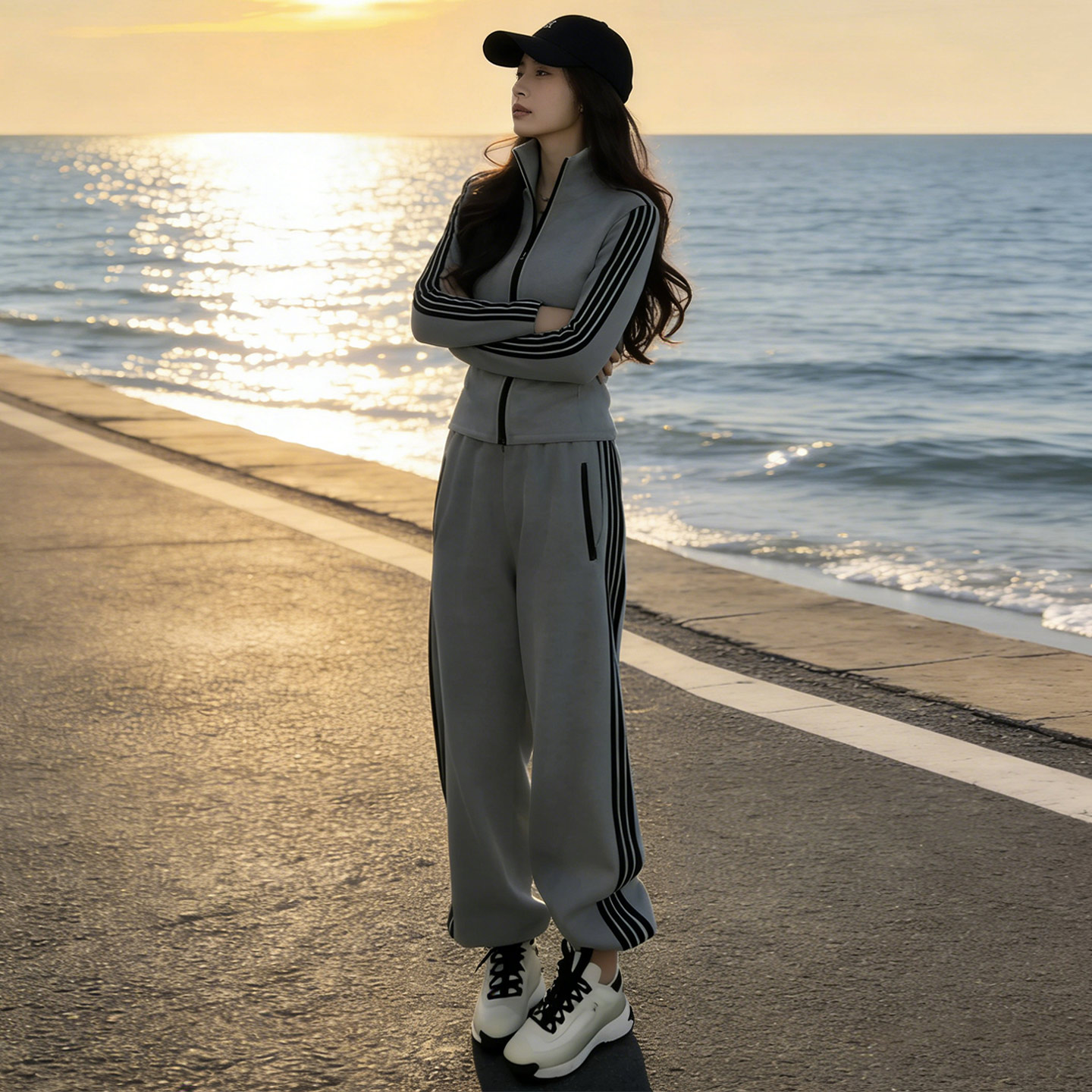 港风炸街休闲运动套装女春季洋气修身双头拉链卫衣阔腿长裤两件套