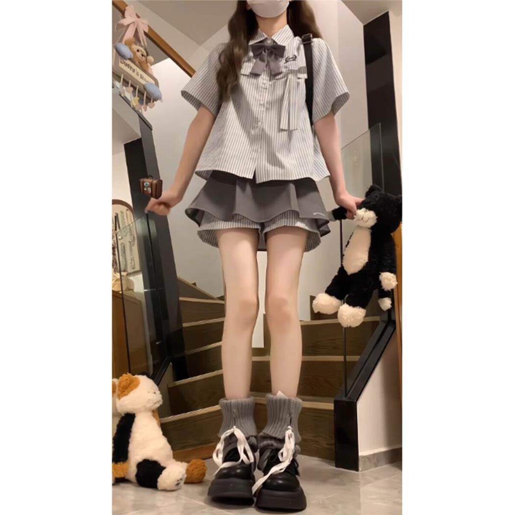韩系学院风jk制服短裙套装女夏季小个子条纹短袖衬衫半身裙两件套