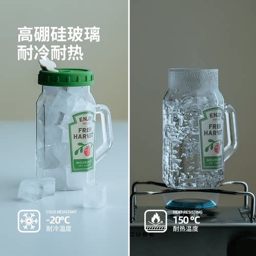 小清新带盖玻璃吸管杯耐冷饮品杯