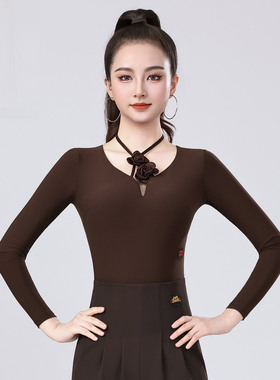 丹宝罗女品牌V领摩登舞上衣女成人高端大气国标舞黑色长袖连体衣