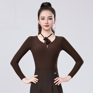 丹宝罗女品牌V领摩登舞上衣女成人高端大气国标舞黑色长袖连体衣