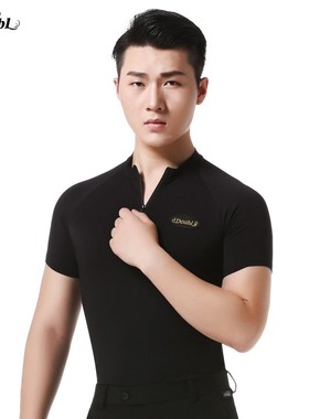 丹宝罗摩登舞男士短袖T恤拉丁舞练功服国标黑色拉链舞衣舞蹈上衣