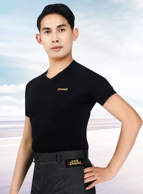 丹宝罗拉丁舞上衣夏季男士短袖T恤修身交谊舞服V领黑色舞蹈练功服