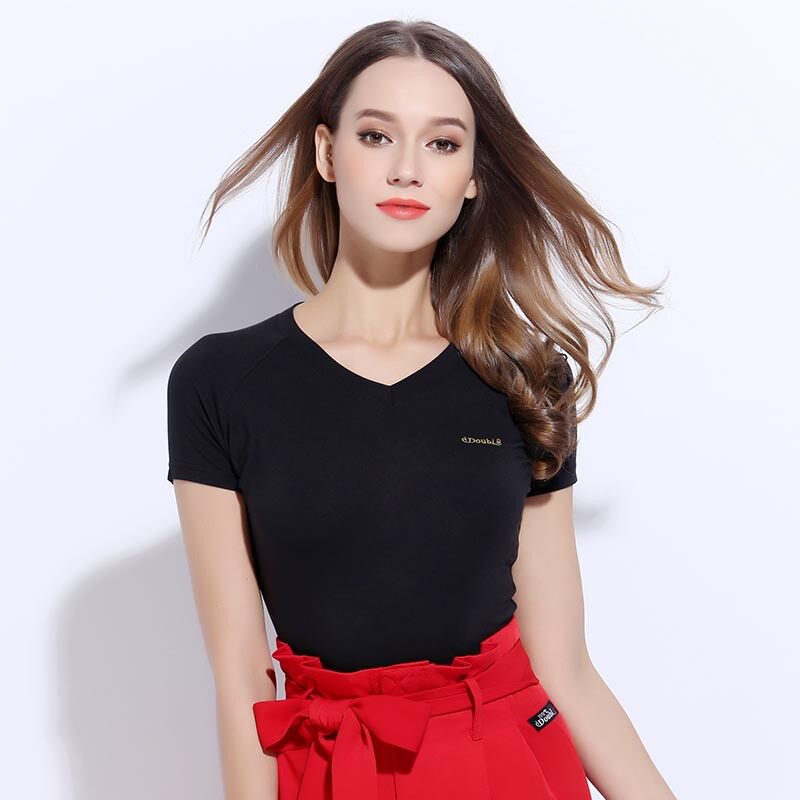 丹宝罗女士黑色V领舞蹈上衣交谊舞拉丁舞练功服广场舞短袖夏季T恤