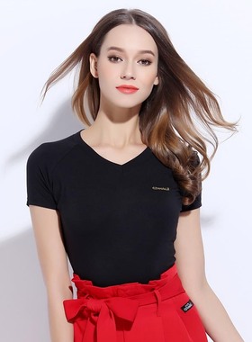 丹宝罗女士黑色V领舞蹈上衣交谊舞拉丁舞练功服广场舞短袖夏季T恤