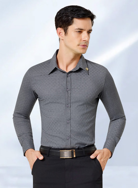 丹宝罗新款男灰色提花长袖衬衣拉丁舞练功服国标舞交谊舞上衣舞服