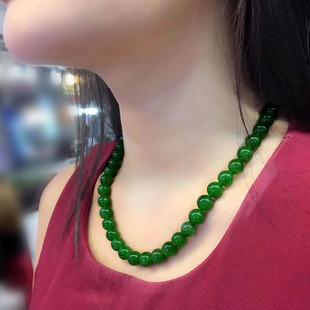 正品新疆和田玉碧玉项链女毛衣链潮菠菜绿色10mm男士长款转运圆珠