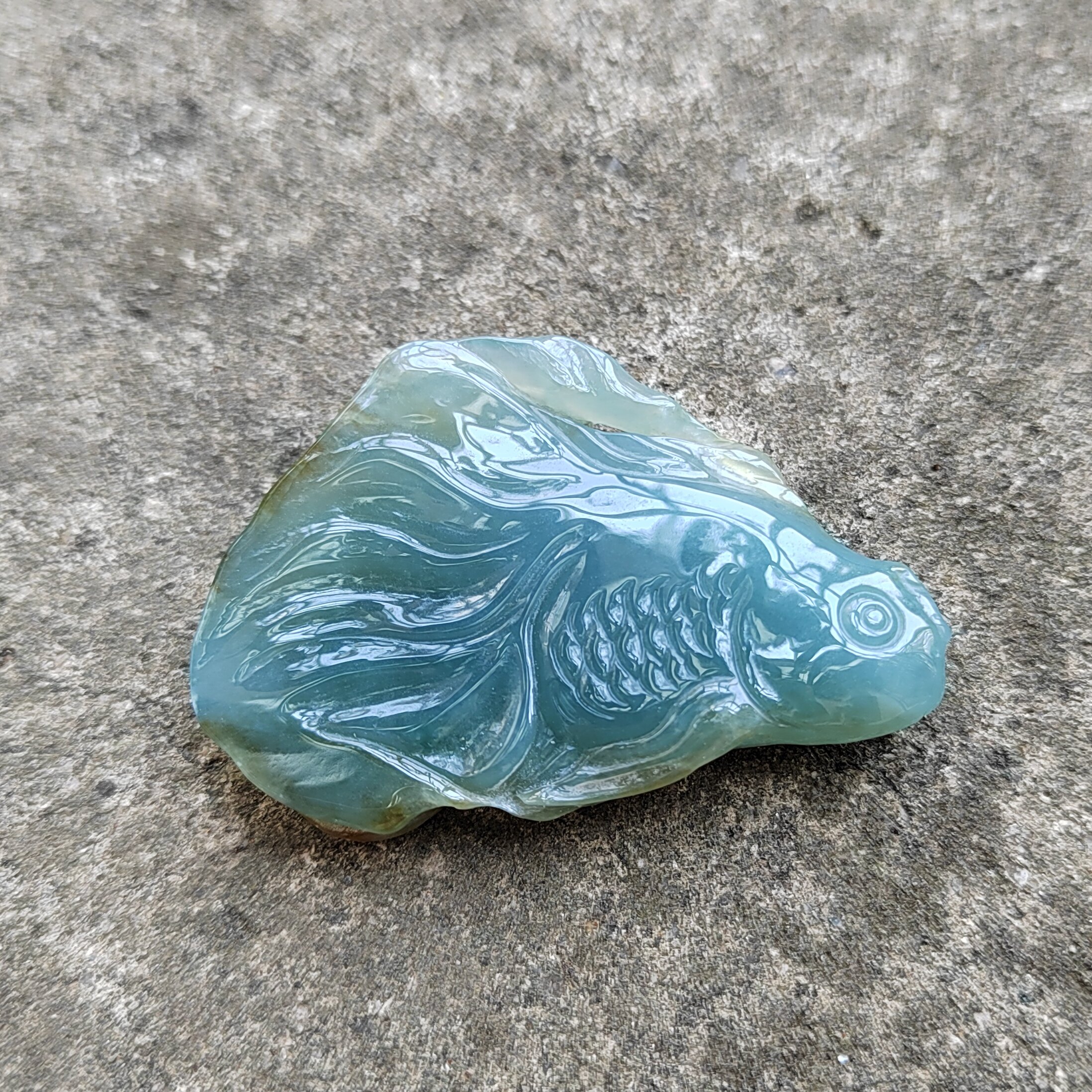 天然A货翡翠冰糯种蓝水金鱼吊坠言午翡翠