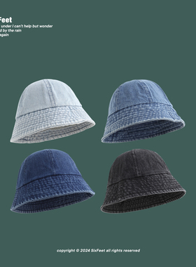 水洗做旧复古水桶帽日系牛仔渔夫帽男女素颜遮脸盆帽百搭情侣帽子