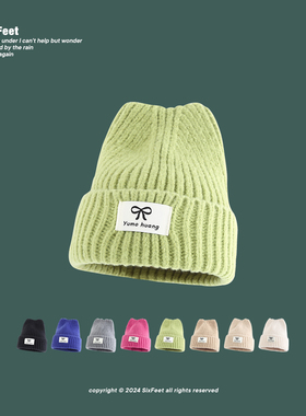 韩系ins可爱蝴蝶结贴标毛线帽男女宽松百搭保暖针织猫耳朵包头帽