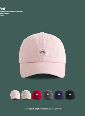 韩版ins卡通刺绣小猫棒球帽可爱女学生简约百搭软顶遮阳帽子情侣