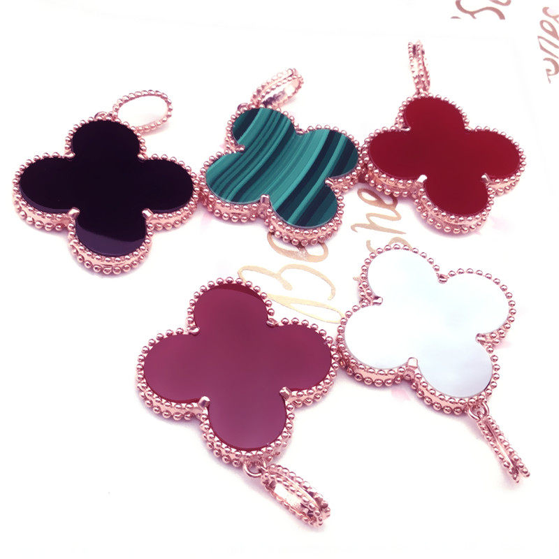 俄罗斯585紫金14k玫瑰金女士双面颜色可两戴玛瑙石四叶草吊坠百搭