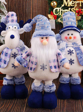 港之恋蓝色圣诞老人麋鹿圣诞树雪人装饰品创意可伸缩毛绒公仔挂件