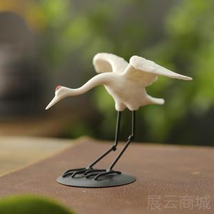 高档创意陶瓷鸿运当仙鹤动物山盆景假造景头客厅茶桌白鹤装白瓷摆