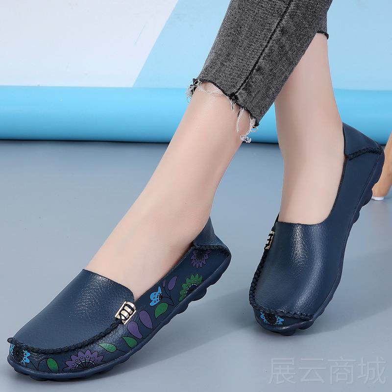 高档225春新女款女鞋平底真皮印花软底防滑鞋舒0适妈妈鞋单休闲豆,女鞋,浅口单鞋,淘宝优惠券,粉丝福利购,淘宝优惠卷