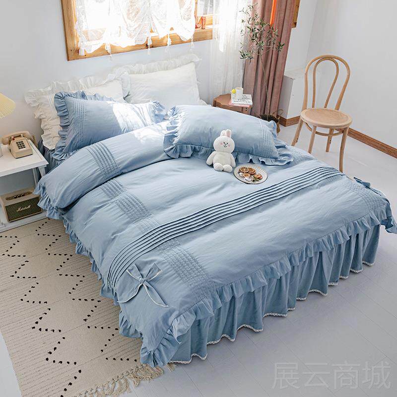 高档2品020新款韩版纯全色棉棉四件套 蕾丝公主床纯上用 床裙绿色