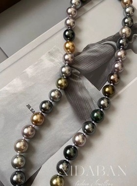 西大班人造大溪地莫兰迪色系混彩珍珠项链彩孔雀绿毛衣颈链