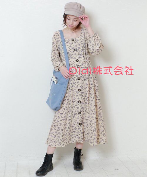 春季新品 日系 和风 碎花柄 大钮扣 复古方领 长款连衣裙长裙