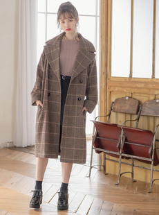 秋冬新款日单GRL 双排扣 格纹复古英伦风 长款大衣 毛呢外套