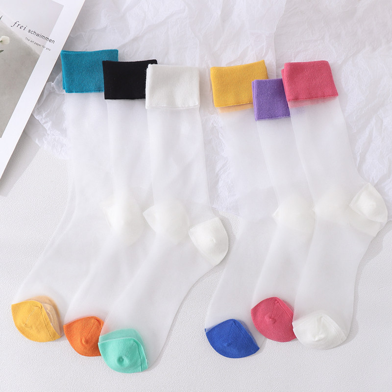 韩系糖果彩色拼接透明玻璃丝袜中筒袜夏薄透肉单鞋凉鞋女袜子