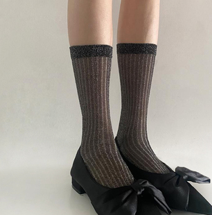 bling闪闪发亮丝袜子~夏天薄款个性竖纹时尚金银丝透肉中筒堆堆袜
