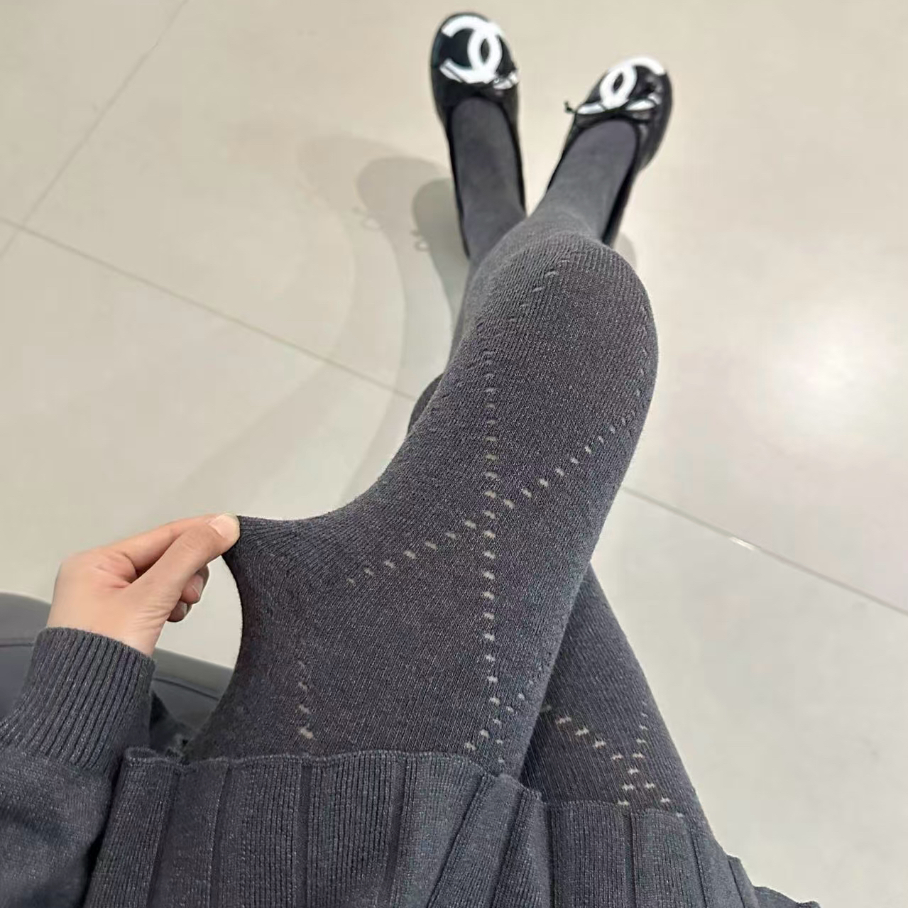 miu灰色菱形镂空打底裤秋冬外穿高弹不掉档打底袜纯色菱格连裤袜