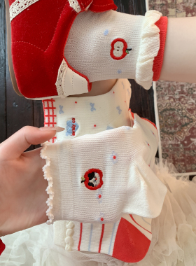 红色可爱卡通袜子女夏季薄款棉袜ins潮短袜花边波点蝴蝶结中筒袜