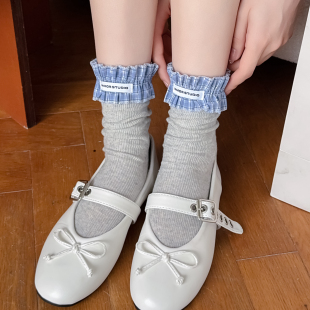 miu系灰色格子花边中筒袜子女夏季 子Lolita堆堆袜 纯棉芭蕾风格