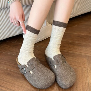 miu系竖条袜子女春秋季纯棉中筒撞色双罗口堆堆袜美拉德配勃肯鞋