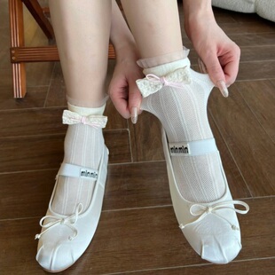 miu系白色袜子女中筒纯棉薄款 网眼透气jk无骨蝴蝶结堆堆袜 夏季