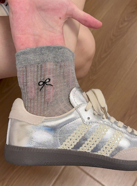 蝴蝶结袜子女灰色短袜纯棉网眼透气夏季薄款日系芭蕾风搭配小皮鞋