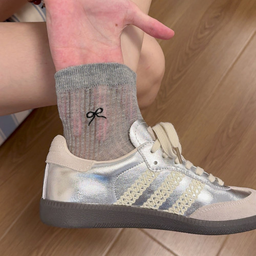 蝴蝶结袜子女夏灰色短袜纯棉网眼