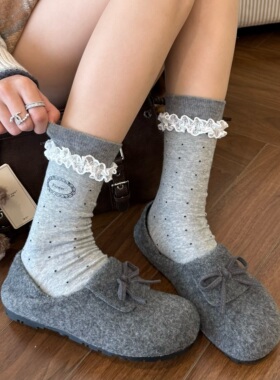 灰色波点蕾丝花边袜子女中筒袜春秋纯棉芭蕾风ins韩系黑色堆堆袜