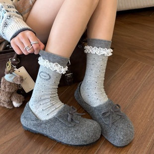 灰色波点蕾丝花边袜子女中筒袜春秋纯棉芭蕾风ins韩系黑色堆堆袜