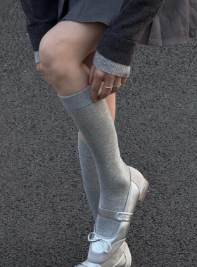 miu灰色小腿袜春秋显瘦高筒棉韩袜式jk学院风简约基础及膝堆堆袜