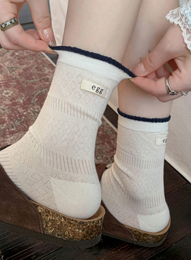 miu系白色布标袜子女夏季中筒纯棉花边灰色蝴蝶结堆堆袜配勃肯鞋