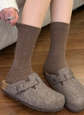 miu咖色碎花袜子女春秋中筒袜棉袜ins潮日系复古配勃肯鞋堆堆袜女