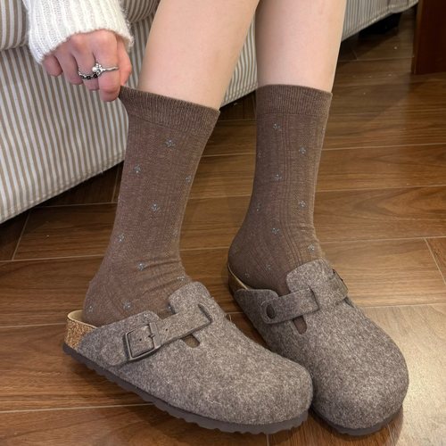 miu咖色碎花袜子女25春秋中筒袜