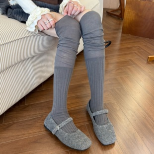 灰色长筒过膝袜女秋冬长靴叠穿堆堆靴子袜子米色高筒过膝盖大长腿