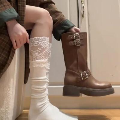 袜子女小腿袜纯棉蕾丝花边长靴袜