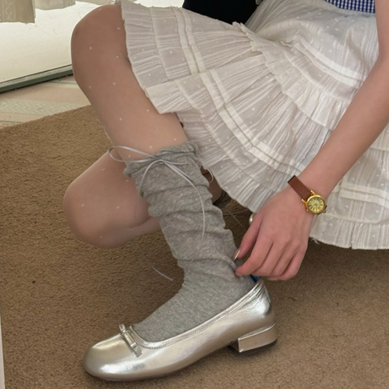 miu系灰色袜子女蝴蝶结中筒袜纯棉春夏薄款芭蕾风泡泡小腿堆堆袜