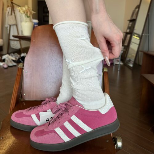 miu白色袜子女夏季薄款堆堆中筒纯棉芭蕾风蝴蝶结小腿袜配德训鞋