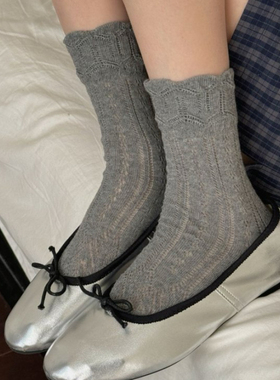 miu灰色针织法式花边袜子女中筒袜纯棉春夏薄款网眼镂空jk堆堆袜